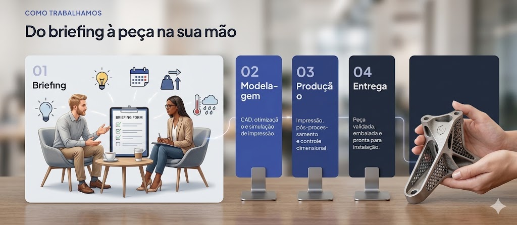 Fluxo Sobrax: 01 Briefing, 02 Modelagem com CAD e simulação, 03 Produção com controle dimensional e 04 Entrega da peça validada